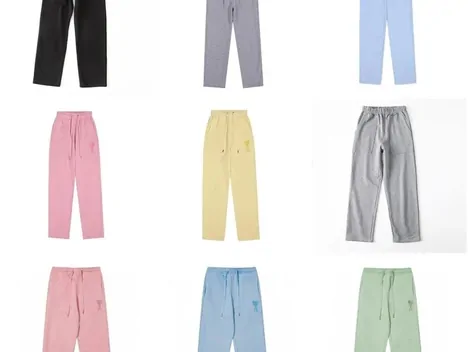 A grid of straight-leg sweatpants in black, grey, light blue, pink, yellow and green